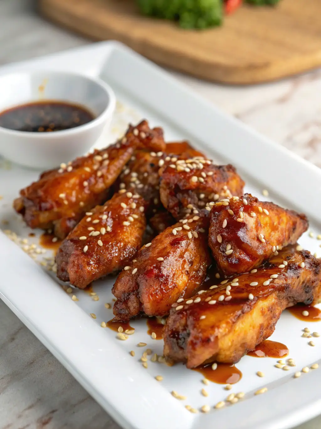 A plate of crispy chicken wings garnished with fresh herbs, served with a selection of dipping sauces.