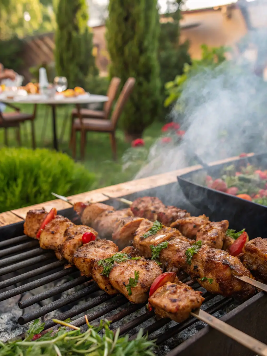 An image of marinated chicken kebabs grilling on a barbecue, with vibrant spices visible and smoke rising.