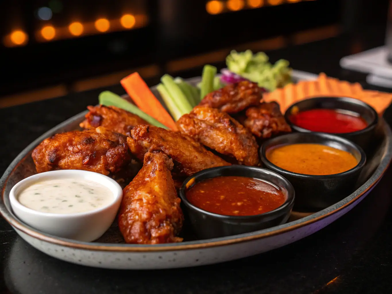 A plate of crispy chicken wings garnished with herbs, served with dipping sauces, used to showcase the benefits of choosing Chicken Road Offers.