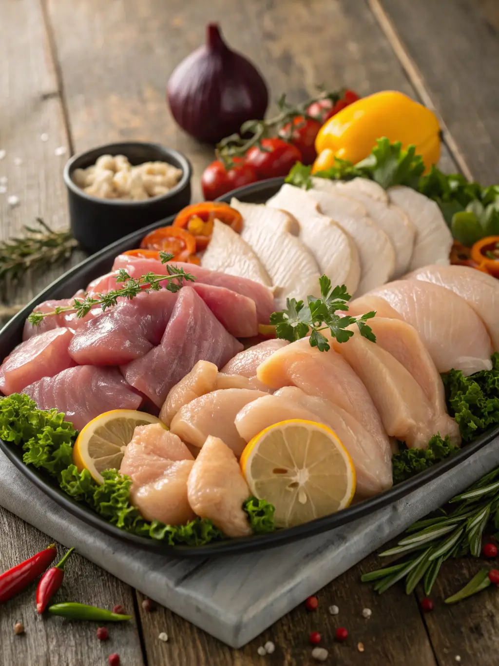 A close-up image of neatly arranged fresh chicken fillets on a wooden cutting board, highlighting their pink color and quality.