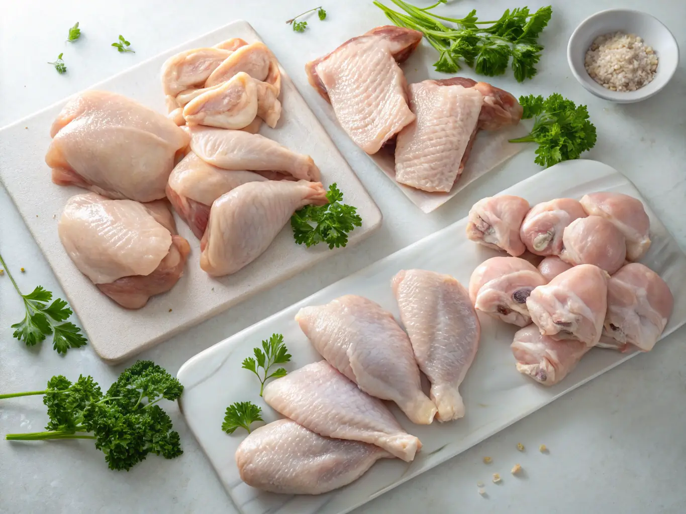A close-up shot of fresh chicken fillets, showcasing their texture and quality, arranged on a cutting board with herbs and spices.